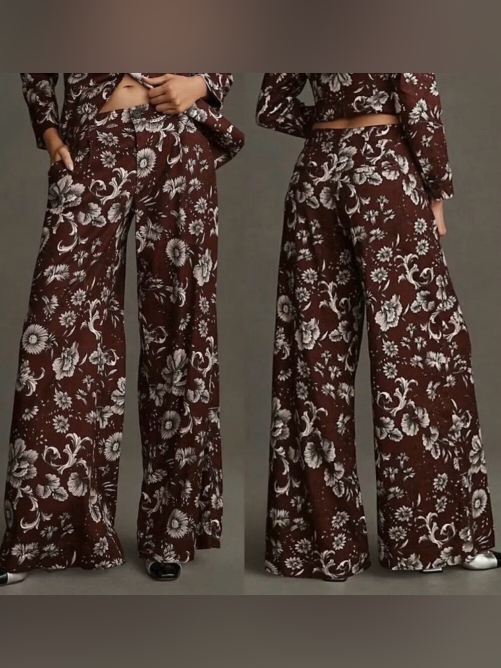 Anthropologie Floral Linen Blend Wide Leg Pants Maroon Cream Size 8 - Like New!